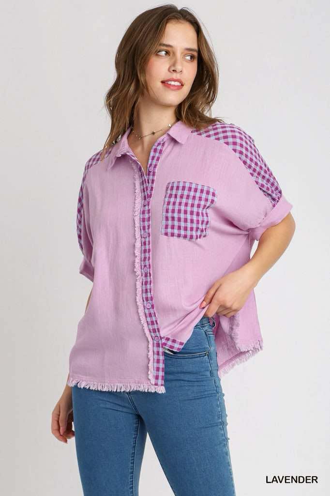 Lavender Sugarplum Sass Top by Umgee with gingham accents and frayed hem, styled casually.