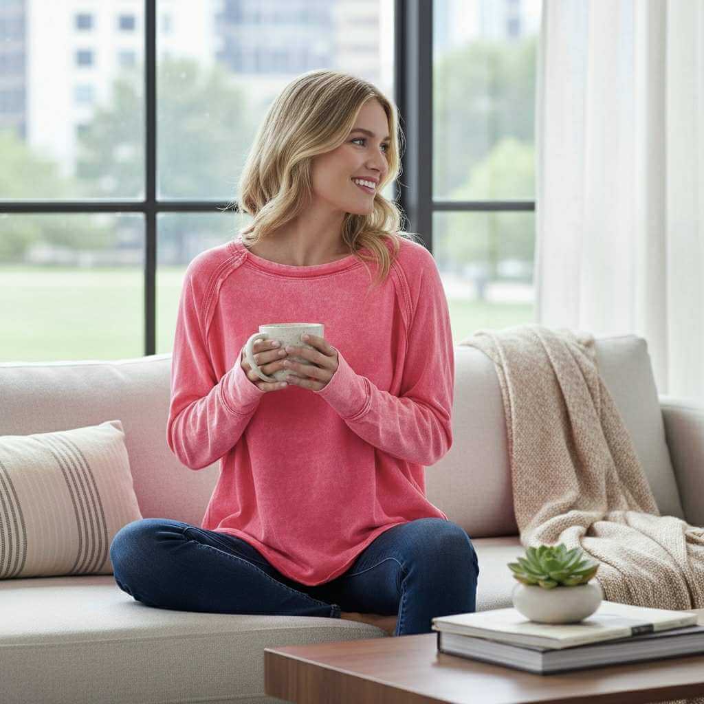 Woman in fuchsia Coastline Calm - Zenana top sitting on couch, enjoying a mug in a cozy living room.