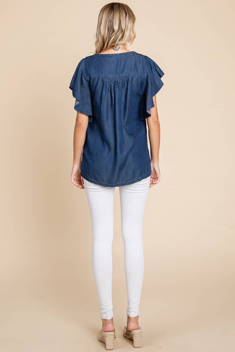 BILOXI BLUES TOP - Trendy Boutique Blouse by Lily Sky by Lily Sky $38.00 Discover comfort and style with the BILOXI BLUES TOP. Trendy chambray denim, v-neck, and flutter sleeves. Shop your size at our boutique today! Teal Tiger Boutique