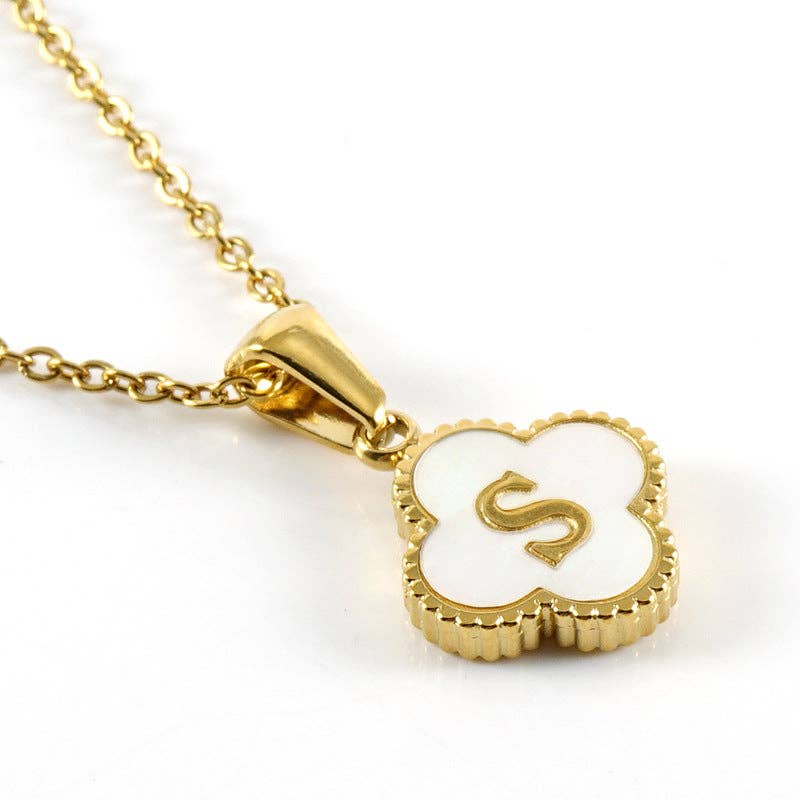 Clover Shell Initial Charm 18K Golden S.Steel Necklace - FGS with a golden pendant and white shell design.
