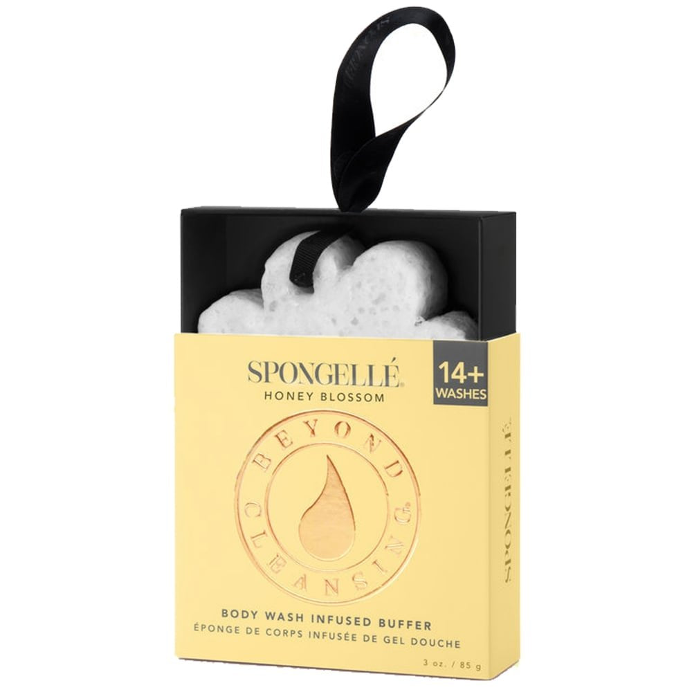 BEYOND CLEANSING HONEY BLOSSOM by Spongelle body wash infused buffer in elegant packaging with a ribbon.
