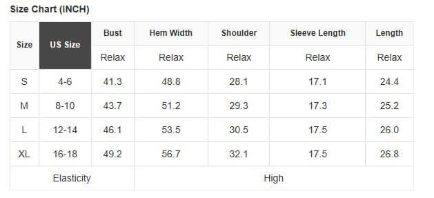 Size chart for SIMPLY ENCHANTED TOP with measurements in inches for S, M, L, and XL sizes.