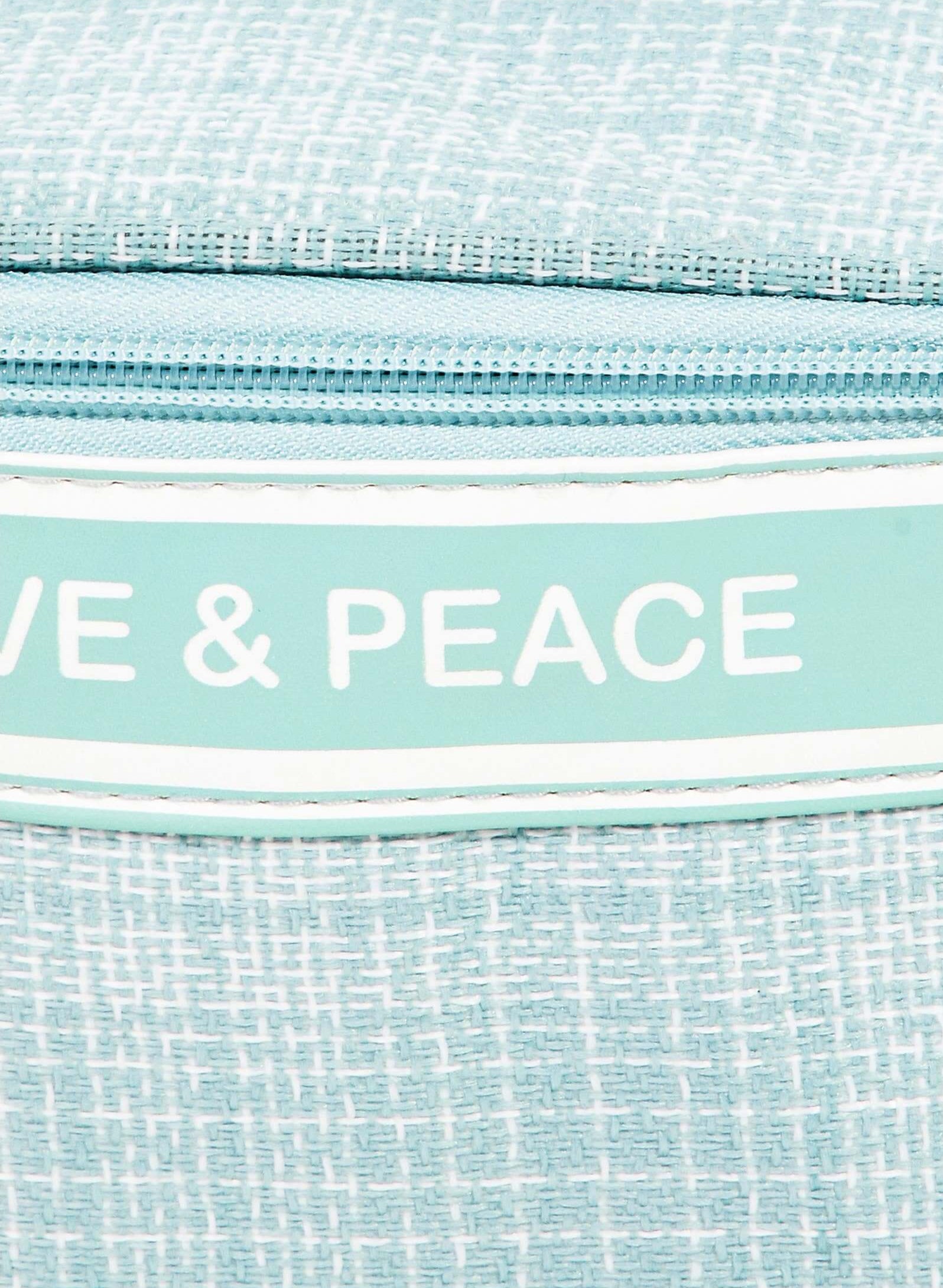 LOVE & PEACE cosmetic bag with elegant striped handle design in light blue fabric.