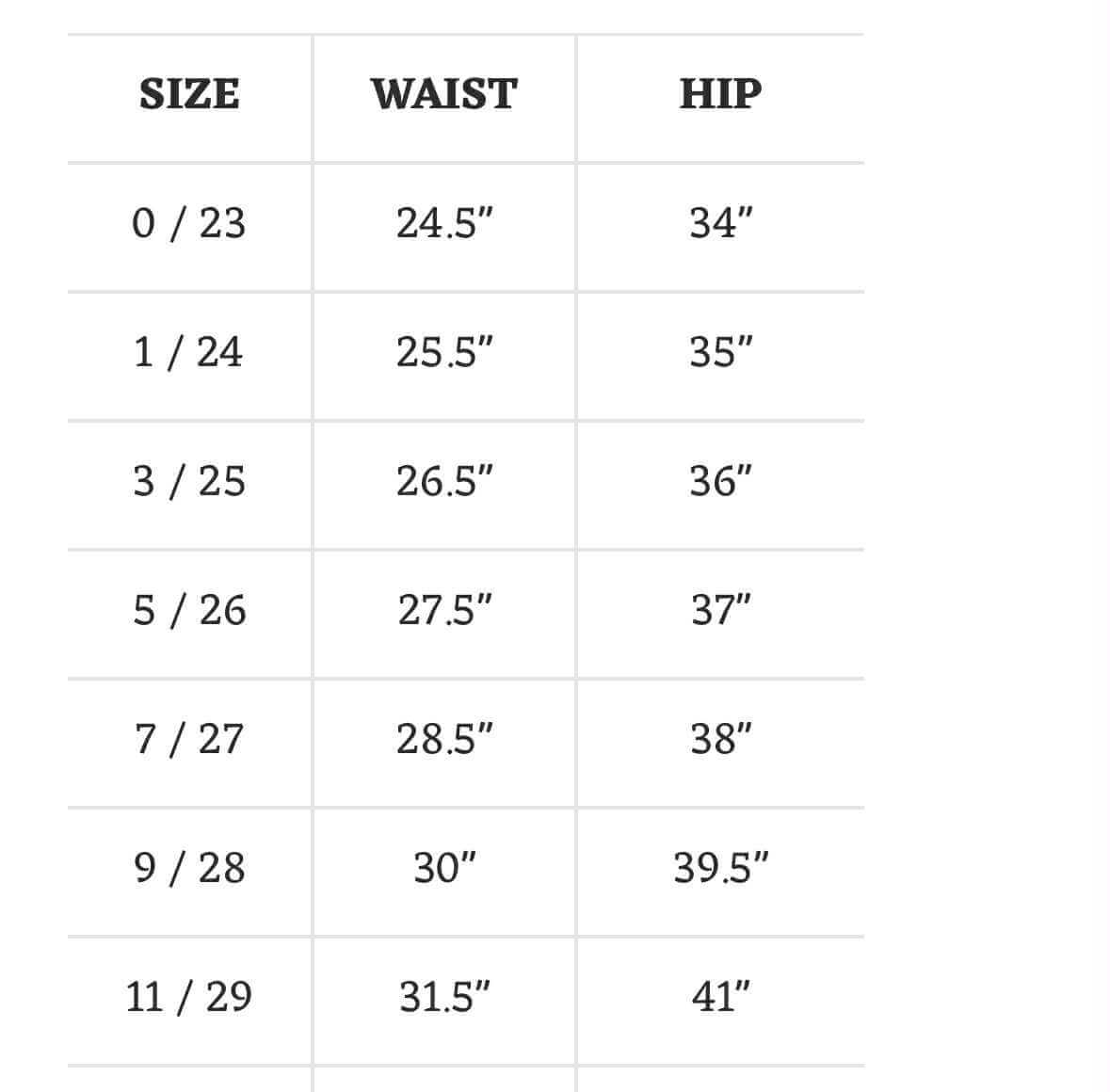 Size chart for Kancan Georgia Ultra High Rise jeans, including waist and hip measurements for each size.