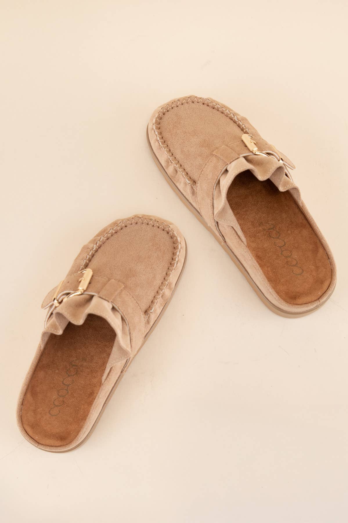 EFFY ruffle entrance design slip-on moccasin mules in beige with stylish buckled strap and ruffle details.