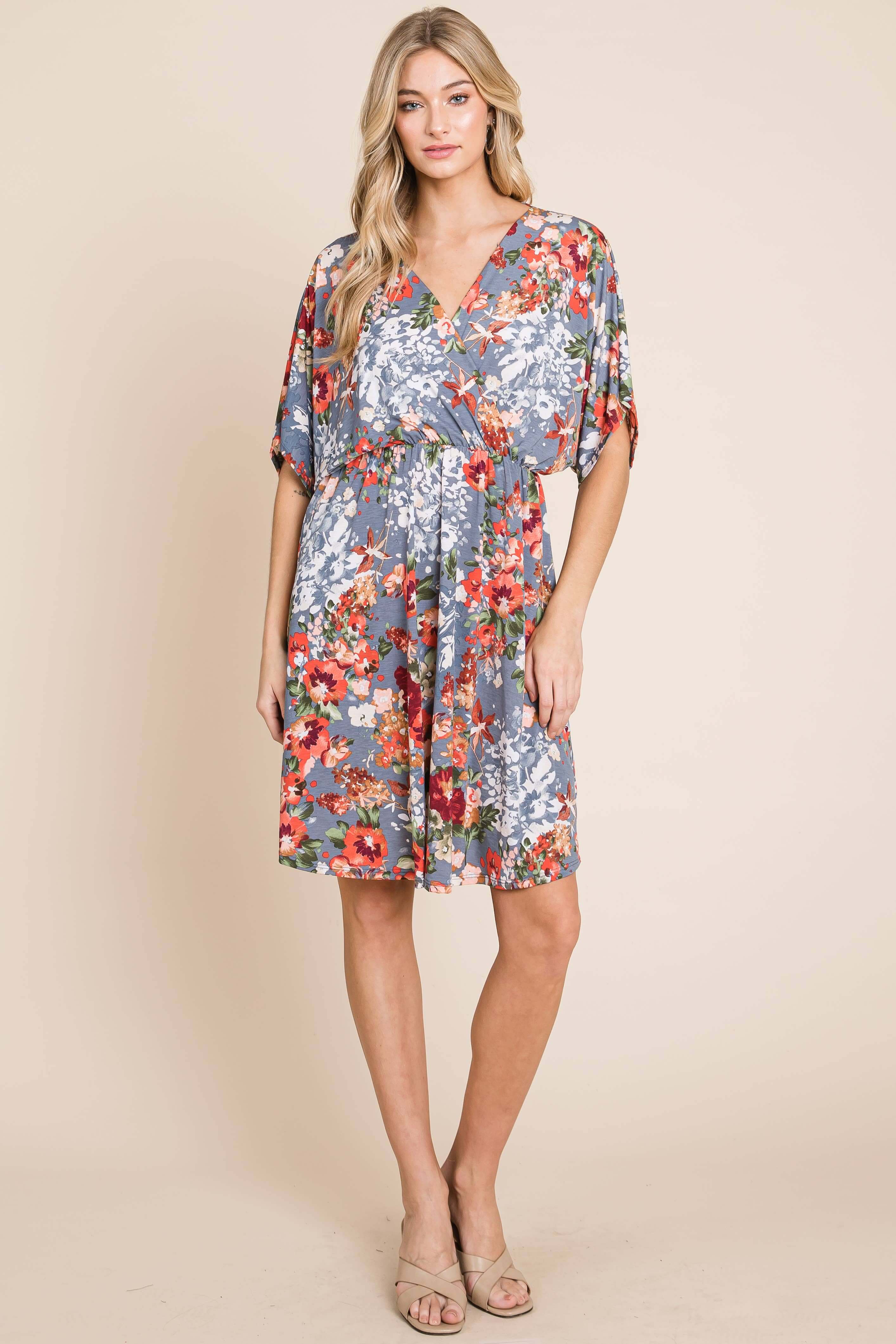 DA1475 Wrap V-Neck Midi Dress in floral print, soft fabric, relaxed fit, perfect for breezy days, model wears size S.