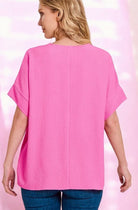 Back view of the SOFT BREEZE TOP by Zenana in bright pink, showcasing lightweight fabric and relaxed fit.