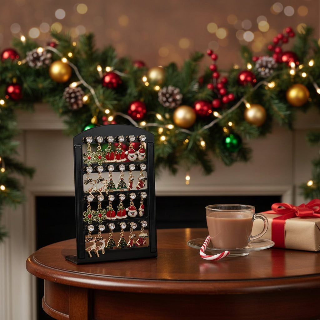 Christmas Drop Earrings with Decoration Stand displayed on a rack showcasing festive designs and crystals for the holiday season.