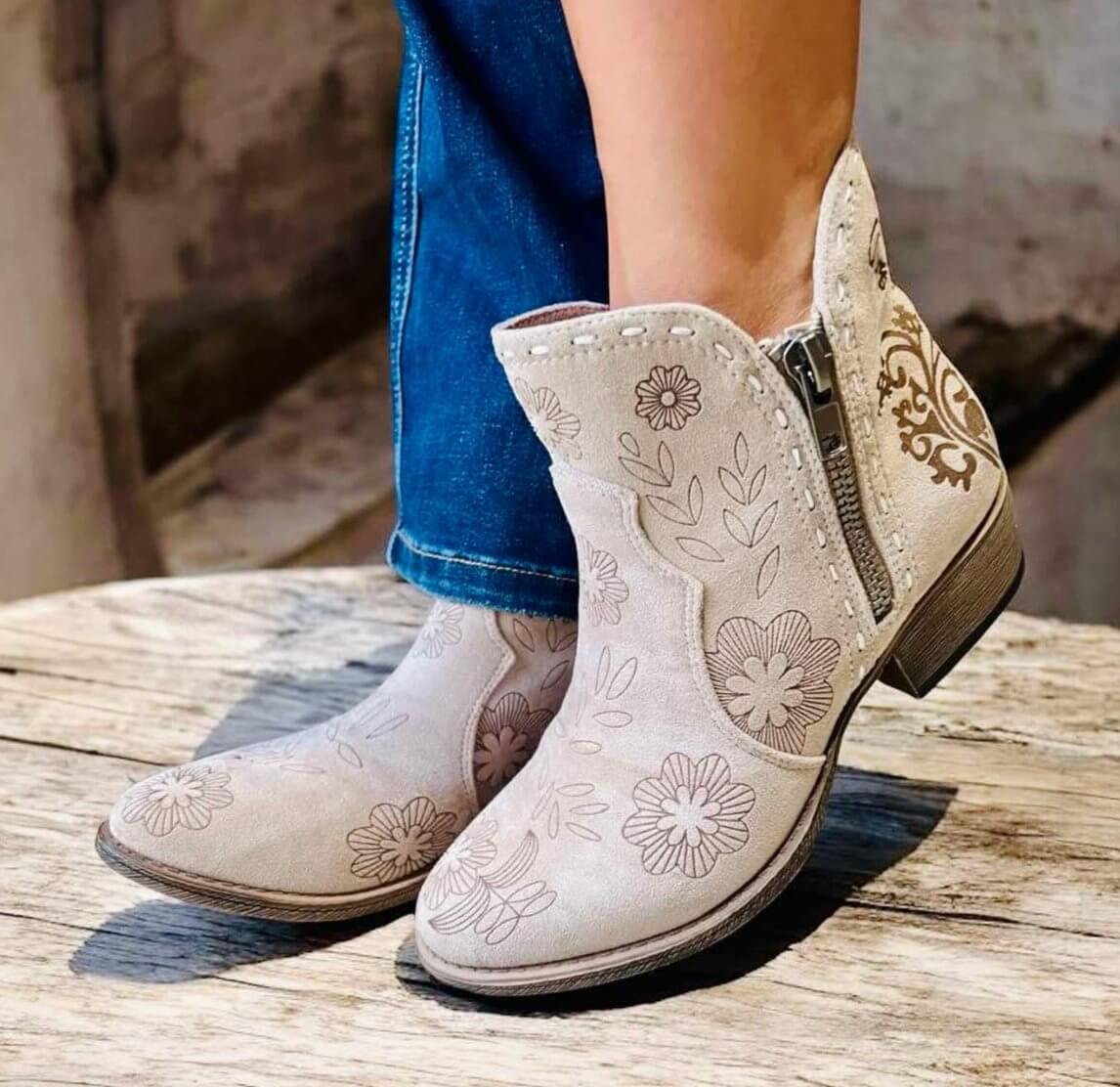 Light gray faux suede Drift Bootie by Very G with floral print and rubber sole, perfect for stylish comfort.