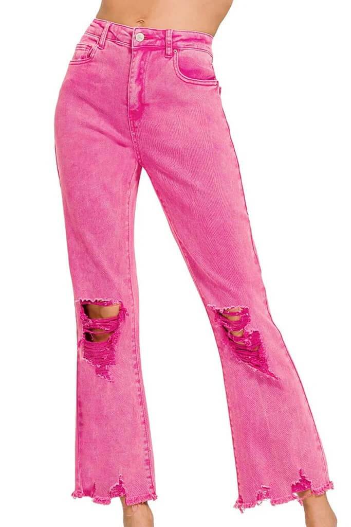 Hot pink distressed Zenana Pink Penelope Jeans with mineral wash and ripped details, 100% cotton fabric.