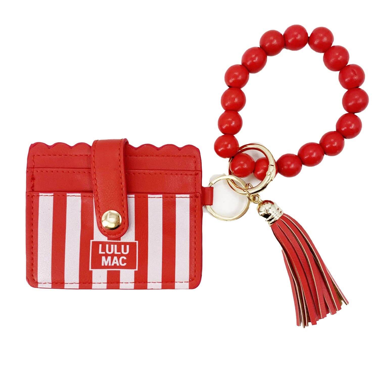LULU MAC RED/WHITE wristlet ID wallet with red and white stripes, beaded wrist strap, and tassel.