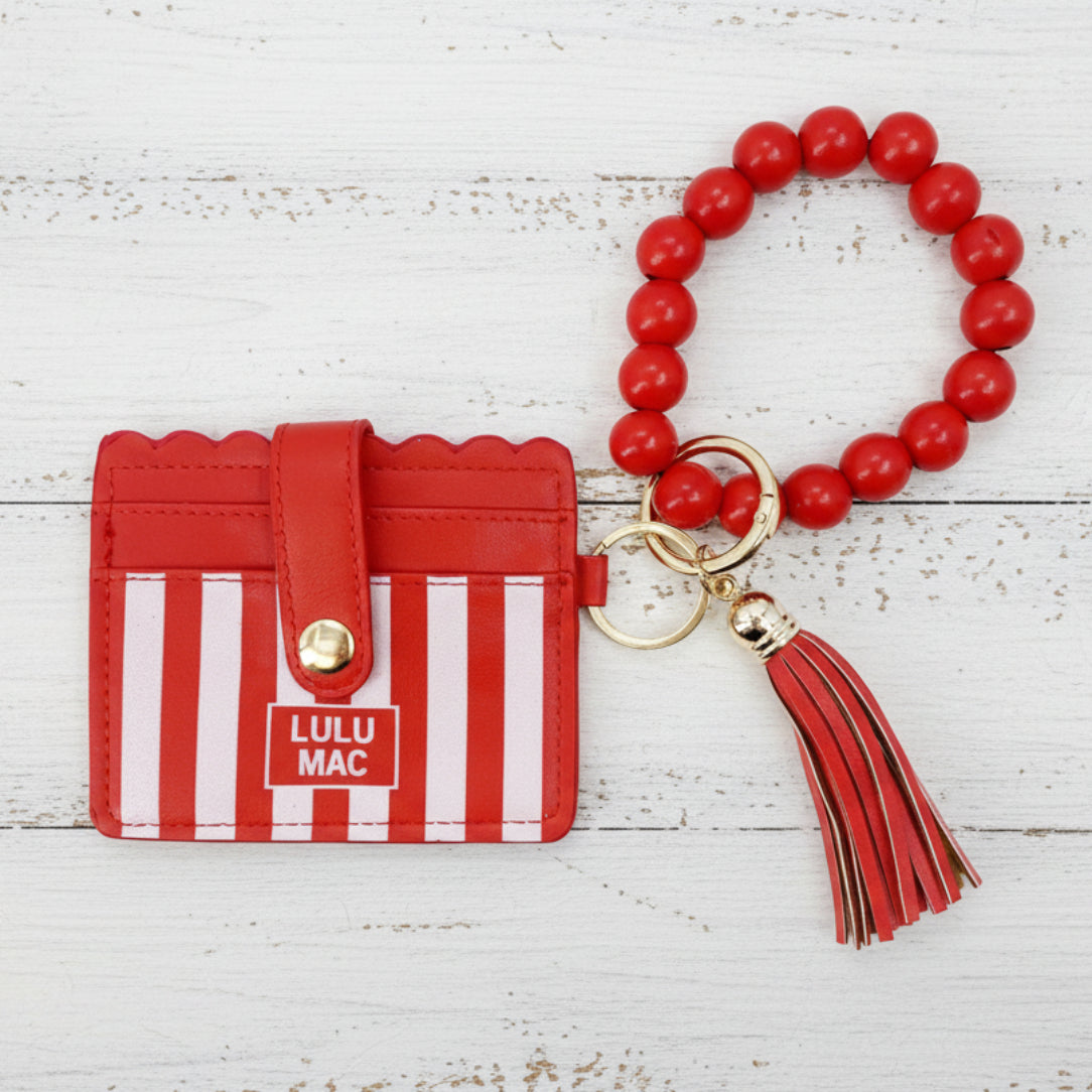 LULU MAC RED/WHITE Stripe Wristlet ID Wallet with beaded wristlet and tassel detail.