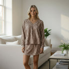 FIERCE COMFORT SKORT SET in light French beige leopard print, featuring a V-neck pullover and mini skirt.