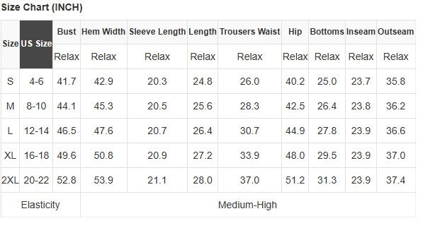 Size chart for CALM & COLLECTED 2 PIECE SET showing measurements for various sizes in inches.