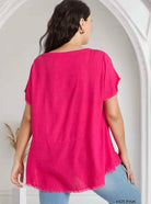 Back view of the GLORIOUS FEELING top in hot pink by Umgee, featuring a frayed hem and relaxed fit.