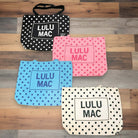 LULU MAC DOT & DASH TOTE BAG (4 colors) displayed in black, pink, blue, and white with polka dot design.