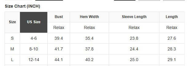 Size chart for BREEZY HORIZON CARDIGAN showing bust, hem width, sleeve length, and length in inches for sizes S, M, and L.