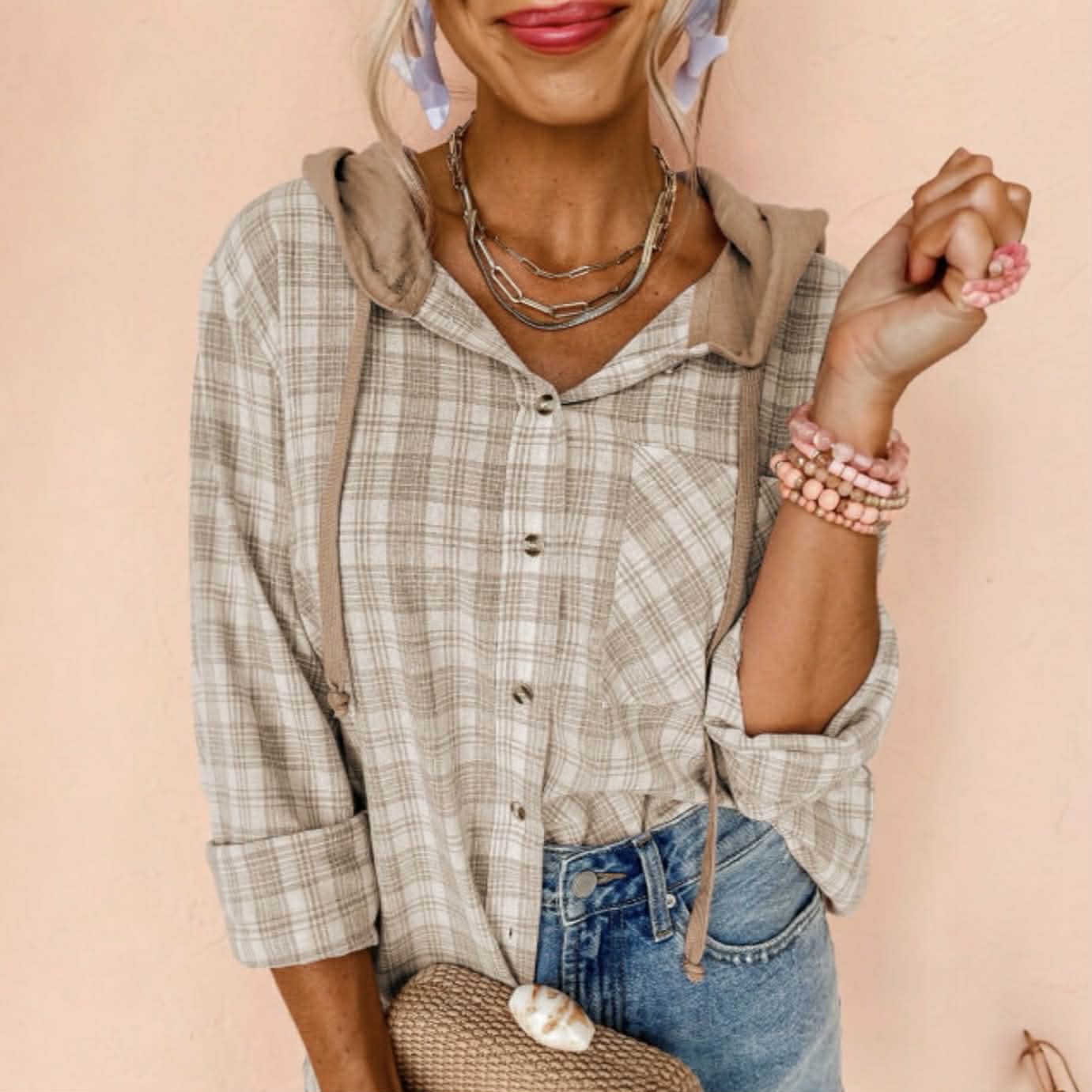 DRIFTWOOD DAYS BUTTON DOWN in khaki checkered print, featuring a hood and relaxed fit, perfect for layered outfits.