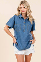 DELIGHTFUL DENIM TOP - Style & Comfort Blouse by Easel $34.00 Shop our DELIGHTFUL DENIM TOP by Easel. Trendy boutique blouse with patchwork, frayed hem, and pockets. Ultimate comfort and style! Teal Tiger Boutique