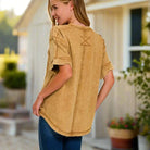 Back view of Golden Trail Top in Dark Toffee, featuring raw edges and a stylish patch detail.