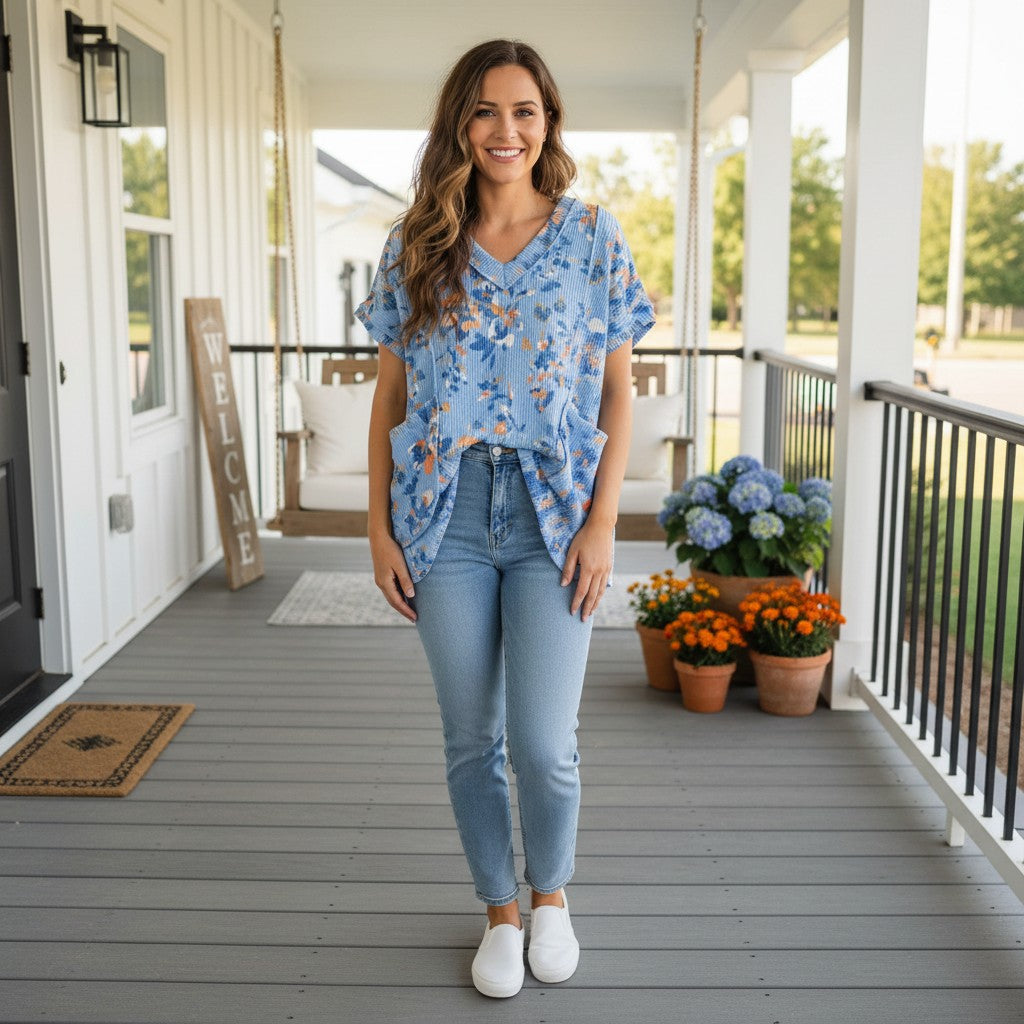 Smiling woman wearing the HELLO YOU TOP (blue) with floral design, paired with jeans and casual shoes, on a porch.