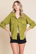 Women's soft casual shacket in olive green with embossed texture and button-down front, perfect for layering.