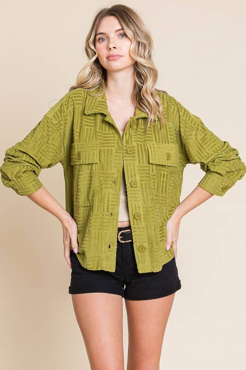 Women's soft casual shacket in olive green with embossed texture and button-down front, perfect for layering.