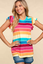 Colorful striped Happy Streak Top by Haptics with flutter sleeves, perfect for a vibrant summer look.