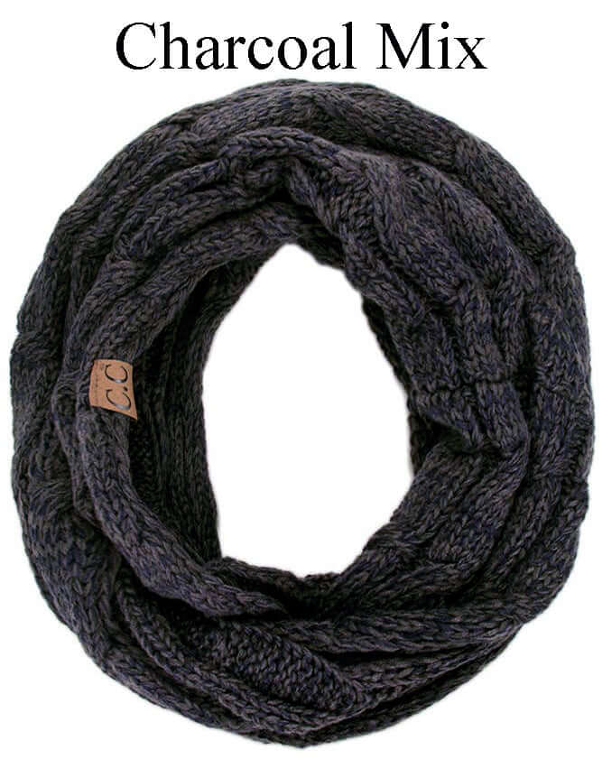 C.C FABLE INFINITY SCARF in Charcoal Mix with cozy cable knit pattern and soft acrylic fabric.