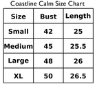 Coastline Calm Size Chart displaying sizes Small to XL with bust and length measurements.