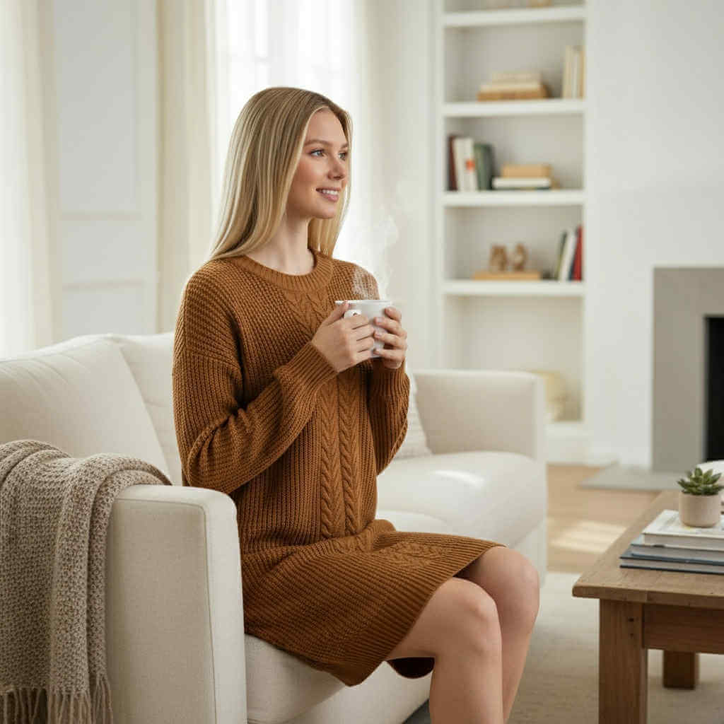 Model wearing the FIRESIDE STORY Sweater Dress in chestnut brown, enjoying a warm drink in a cozy living room.