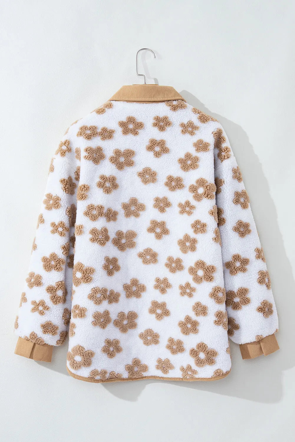 Back view of HONEY BLOSSOM SHERPA JACKET with cute flower pattern in light French beige and soft white.