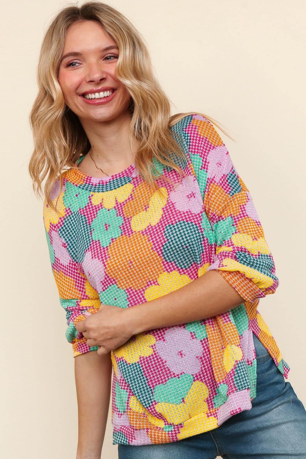 Cheerful floral patterned Happy Daze Top by Haptics, perfect for summer to fall transition, featuring a cozy waffle knit.