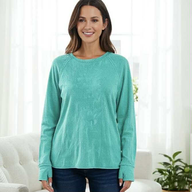 Coastline Calm - Zenana (aqua) soft mineral wash top with thumbhole cuffs for everyday comfort.