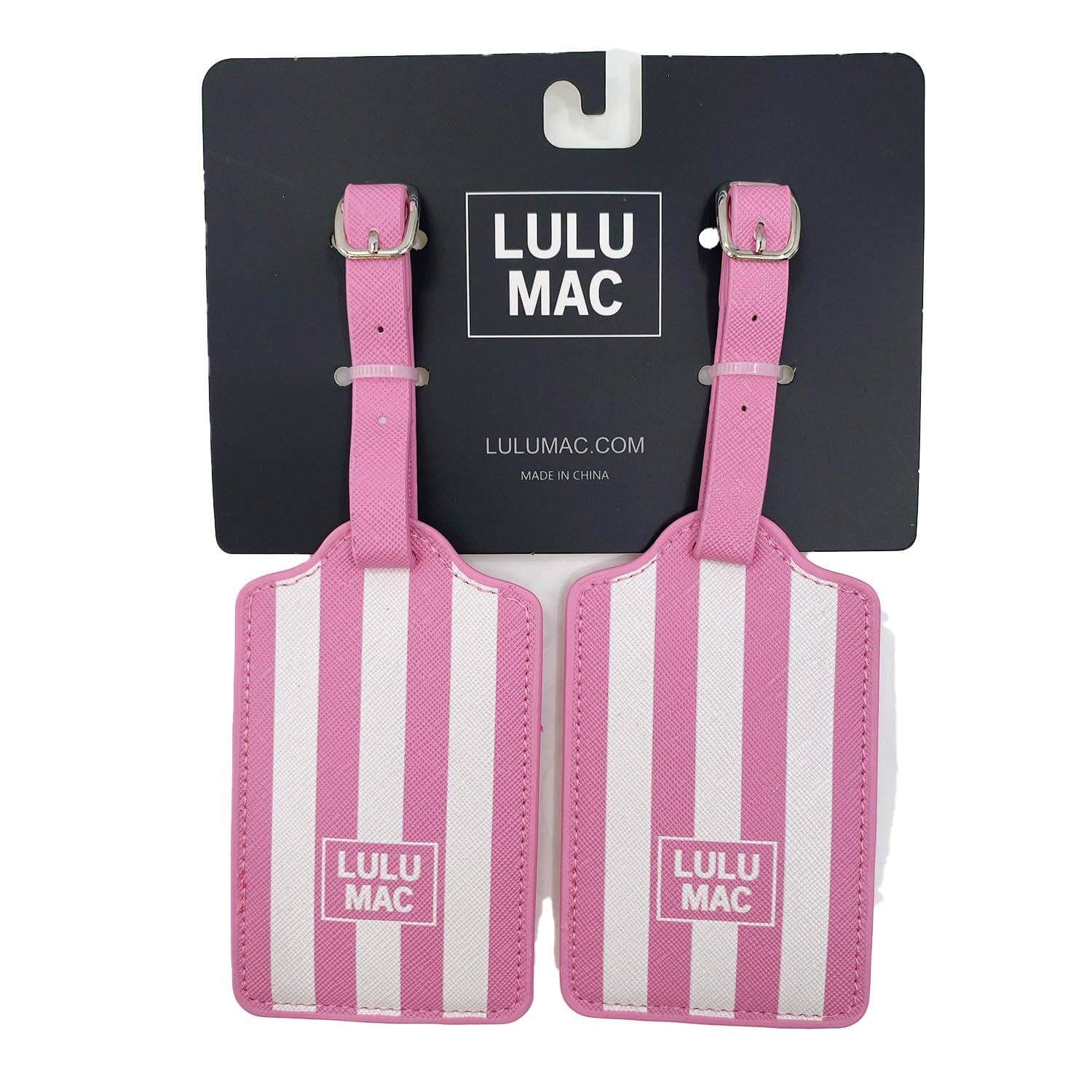LTDS-BUGGLEGUM/WHITE STRIPE LUGGAGE TAG featuring bubblegum pink and white striped design for easy identification.