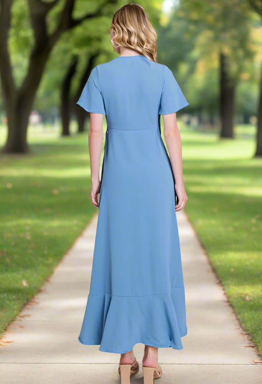 Back view of Breezy Blue Maxi Dress by BomBom, featuring high/low hem, perfect for various occasions.