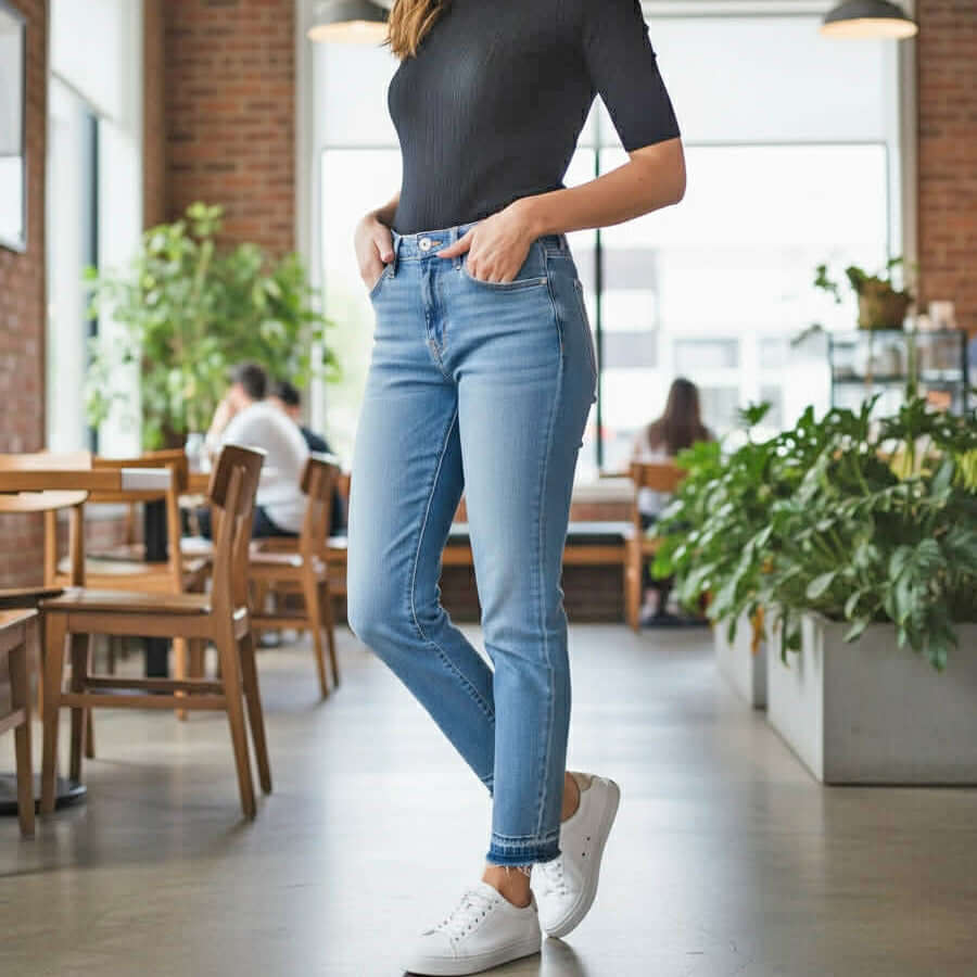 Model showcasing JUDY BLUE - AVERY JEANS in a casual setting, highlighting the modern design and comfort.