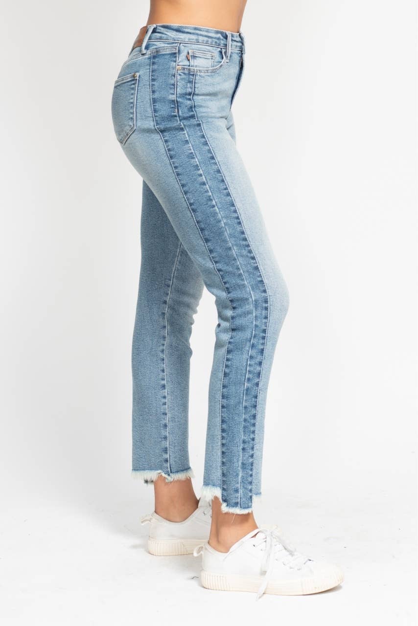 JUDY BLUE - HADLEY JEANS showcasing a high-rise fit with trendy side panel detail and hi-lo fray hem in vintage wash.
