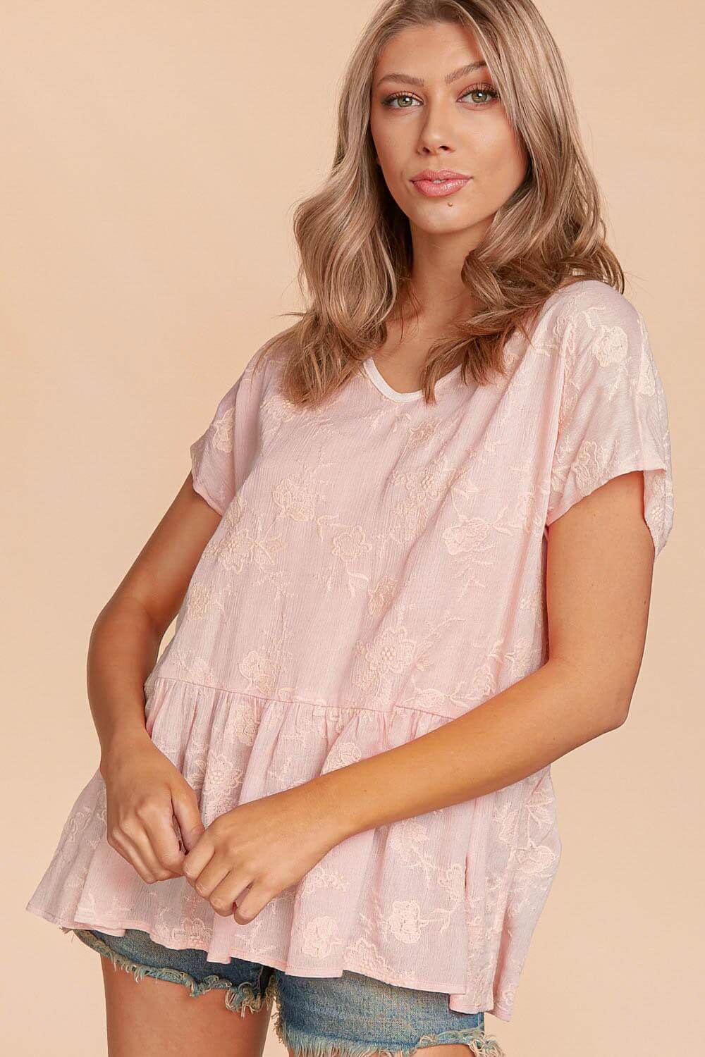 Grace & Glam Top by Haptics in soft pink with floral embroidery, featuring a flowy babydoll silhouette.