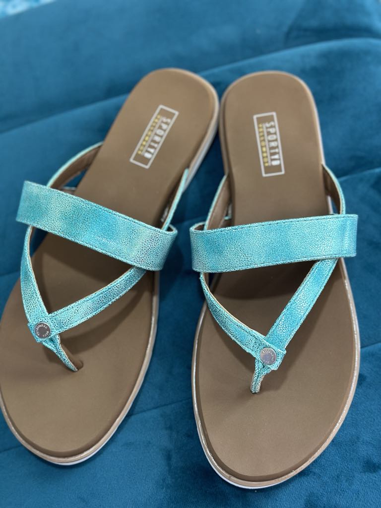 YELLOW BOX - SHAYNE turquoise flip flops with shimmer straps, perfect for sporty summer outings.