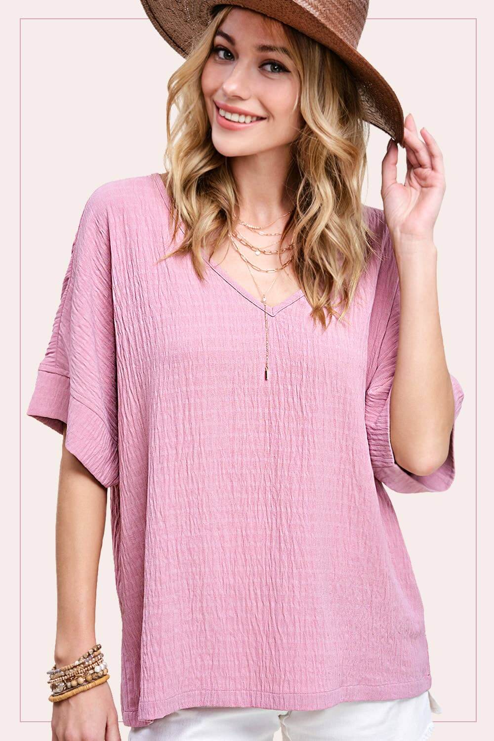 THINKING ABOUT YOU TOP (mauve) - Trendy Blouse by La Miel $34.00 Fall in love with this trendy, comfortable mauve blouse! Perfect boutique style with v-neck, banded sleeves, and woven airflow design. Teal Tiger Boutique