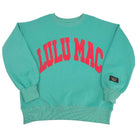 LULU MAC Aqua with Coral Puff Logo Crew sweatshirt featuring bold coral logo on vibrant aqua background.