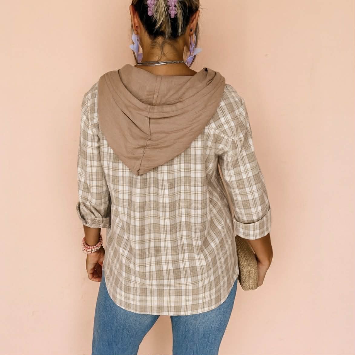 Back view of the DRIFTWOOD DAYS BUTTON DOWN hooded shacket in khaki checkered print.