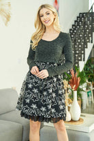 ROMANTIC HEART - EMBROIDERED FLORAL RUFFLE DRESS by a’ reve $10.00 This sophisticated ROMANTIC HEART dress is sure to turn heads. With a feminine charcoal scoop neck and embroidered floral ruffle design, make a statement without saying a word. Feel luxuri