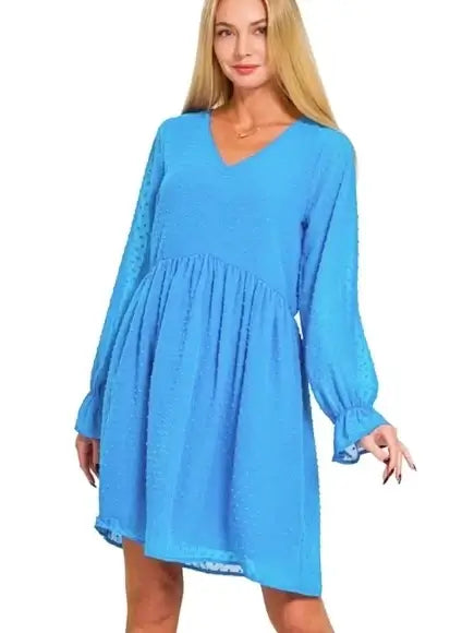 Darling Dots dress by Zenana in Deep Sky blue, featuring long sleeves, Swiss dot pattern, and flattering v-neck.