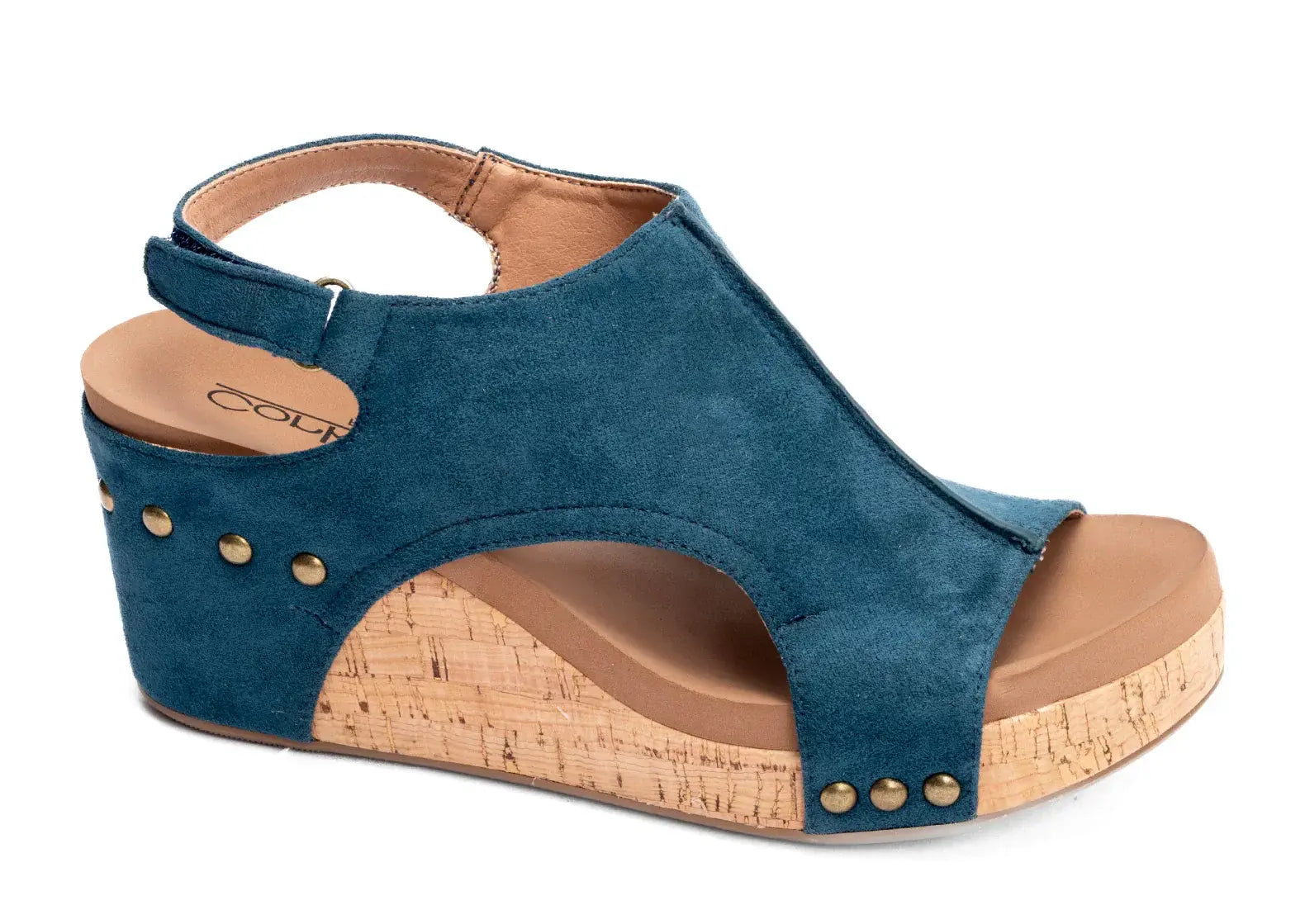 Teal faux suede wedge sandals by Corkys, designed for comfort and style, perfect for any season.