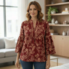 TIMELESS CHARM - Umgee (burgundy) floral top with 3/4 sleeves, perfect for stylish workdays and polished casual wear.