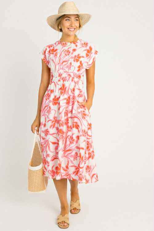 Floral midi dress by She + Sky in pink and orange, featuring pockets and a cinched waist, perfect for summer outings.