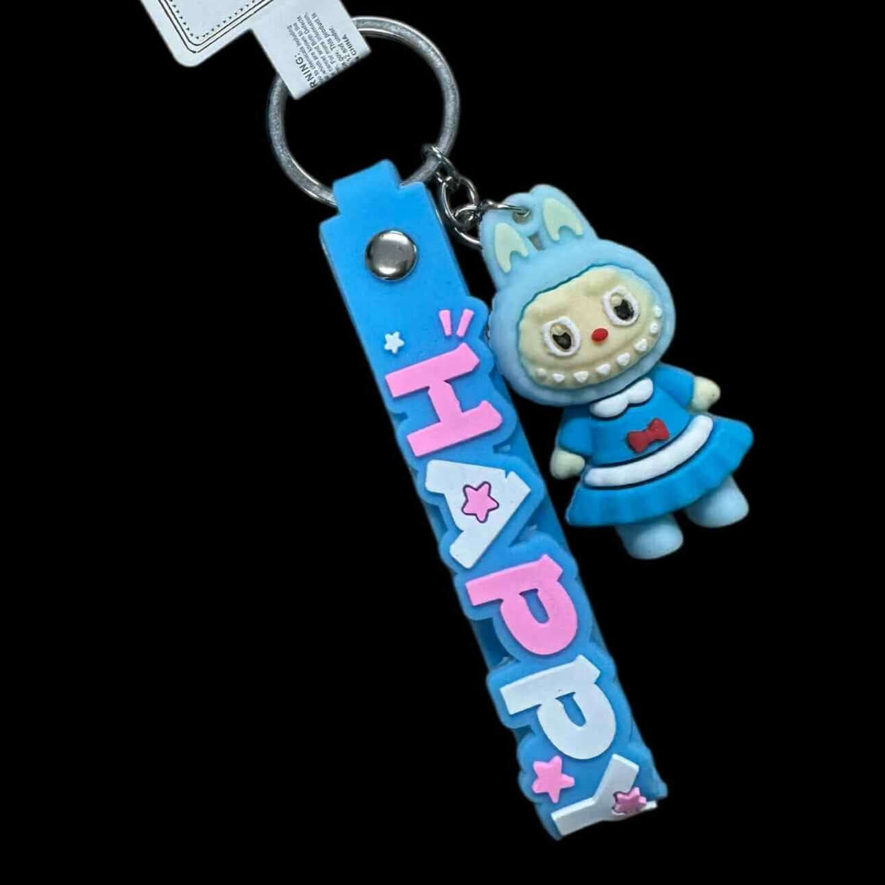 Blue Labubu keychain with a 'HAPPY' wristlet and a cute doll, perfect for adding fun to keys or bags.