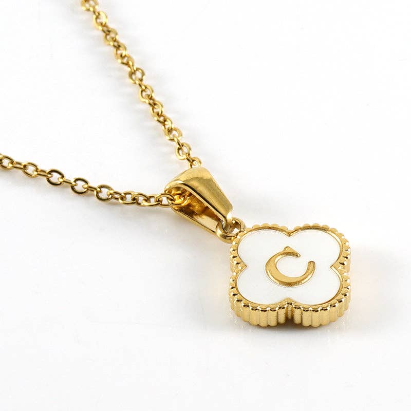 Clover Shell Initial Charm 18K Golden S.Steel Necklace - FGS with gold chain and white shell pendant.